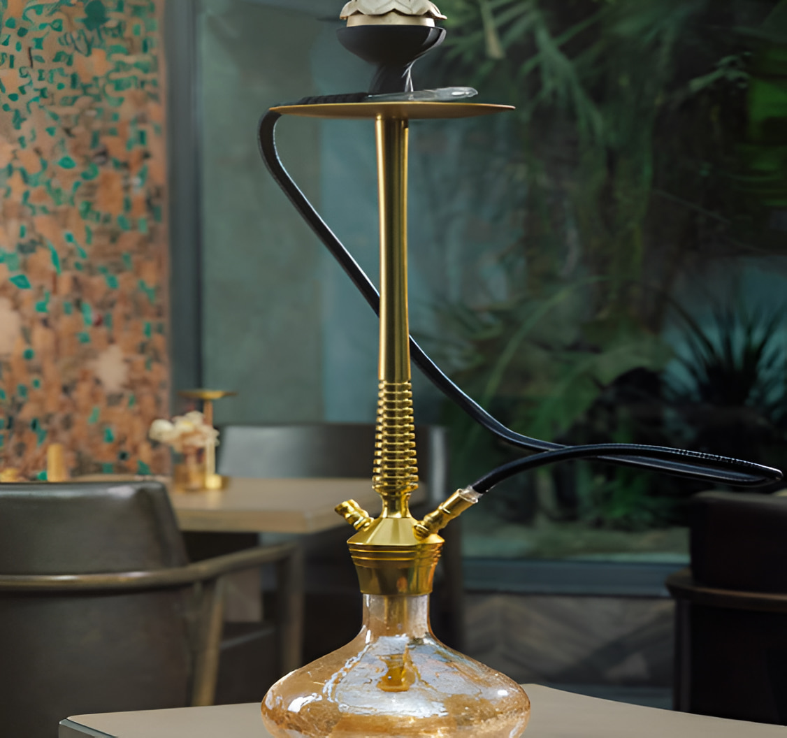 Traditional shisha pipe set on a table in a modern Dubai lounge, showcasing elegant decor and the cultural essence of shisha in Dubai.