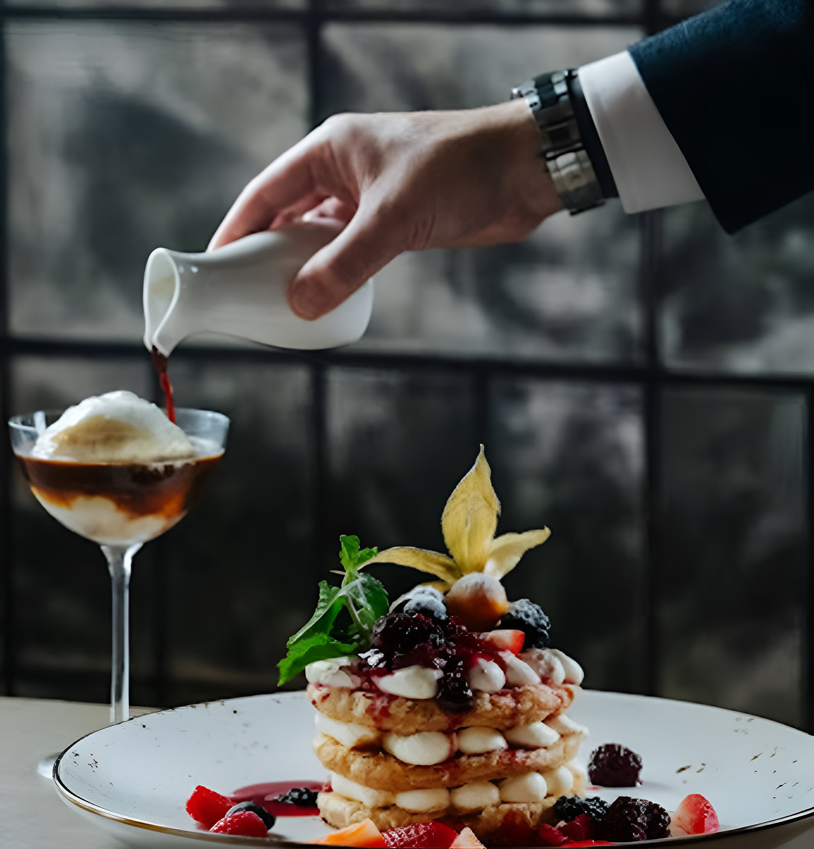 Elegant dining scene pouring sauce over dessert.